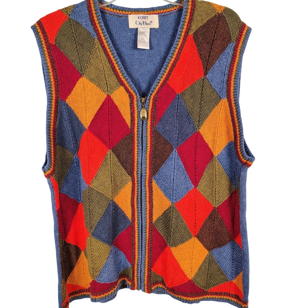 Koret Womens XL Zip Front Argyle Sweater Vest Multicolor Ramie Cotton Preppy